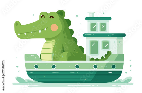 Cute cartoon alligator character riding in a green and white boat illustration, happy animal adventure on water, flat vector art