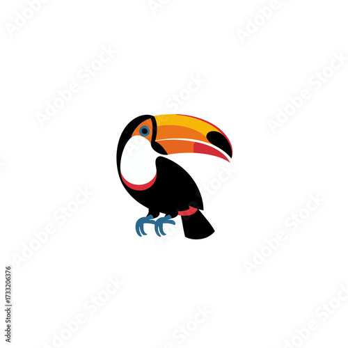 Cute toucan bird illustration, bright beak colors, side view pose, tropical wildlife mascot, clean white background, vector artwork