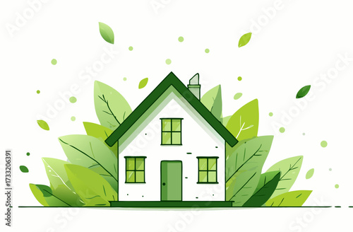 Green house illustration surrounded by fresh leaves, representing eco-friendly sustainable living, environmental care, and nature
