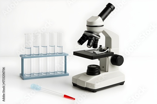 Laboratory microscope with test tubes and pipette on white background