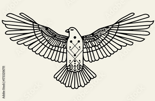 Intricate black line art illustration of a majestic bird with spread wings, featuring geometric and tribal decorative patterns.