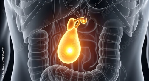 Human digestive system anatomy highlighting gallbladder function and structure in medical illustration