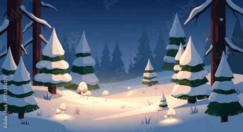 Snow-covered pine trees in a winter forest scene.