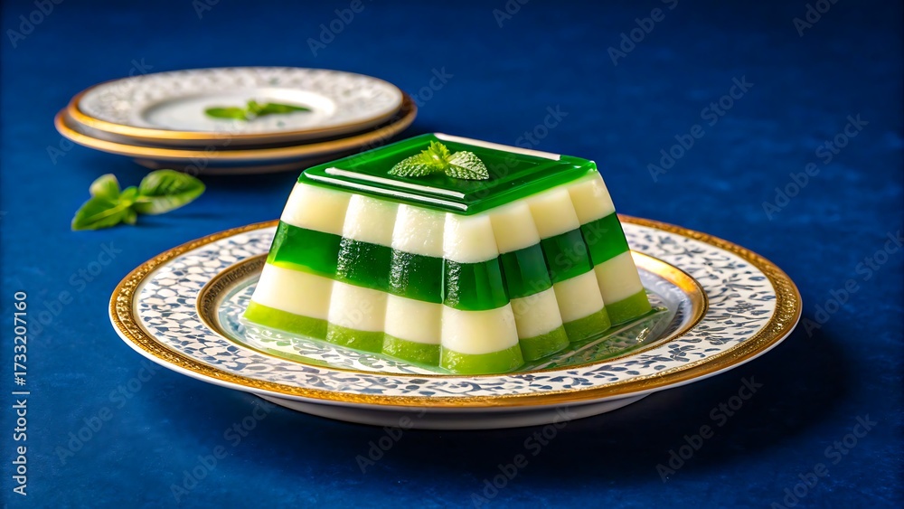Obraz premium Green and white layered pandan jelly dessert on elegant plate 