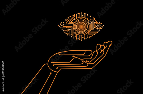 Cybernetic circuit board eye concept held by a futuristic digital hand, symbolizing artificial intelligence, data vision, and technology.