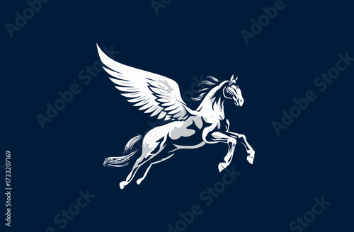 Majestic white winged horse illustration, powerful Pegasus symbol, mythical creature soaring on a dark blue background, vector graphic