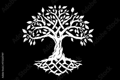 Intricate white Celtic Tree of Life illustration with intertwined roots and branches on a black background, symbolizing growth and connection