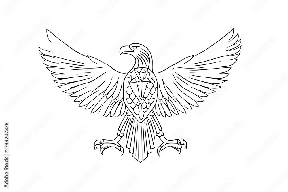 Obraz premium Majestic eagle line art drawing with powerful spread wings, a symbol of freedom and strength, in a detailed black and white sketch style