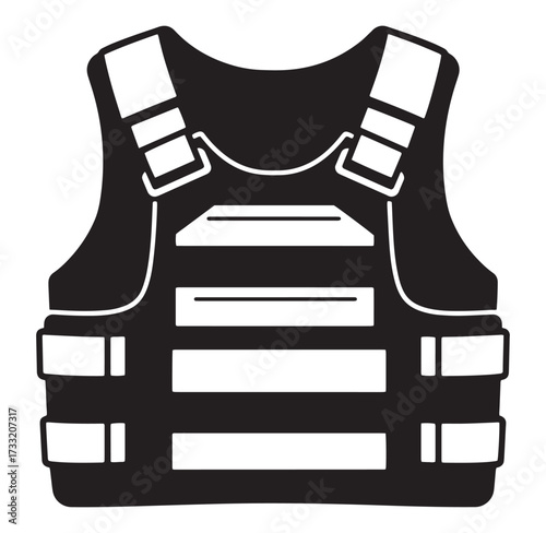 Black and white simple vector illustration of a protective bulletproof body armor vest