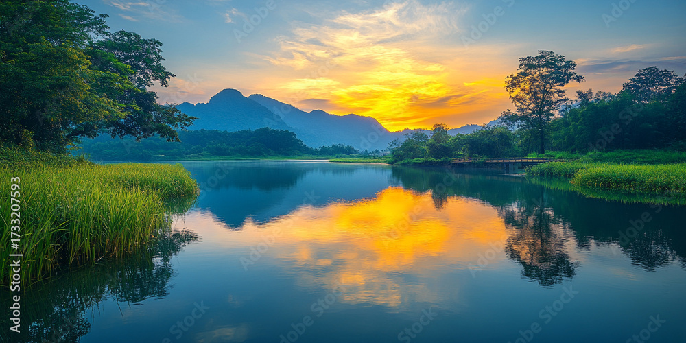 Obraz premium Serene lake at sunset with mountains and lush greenery reflecting in water