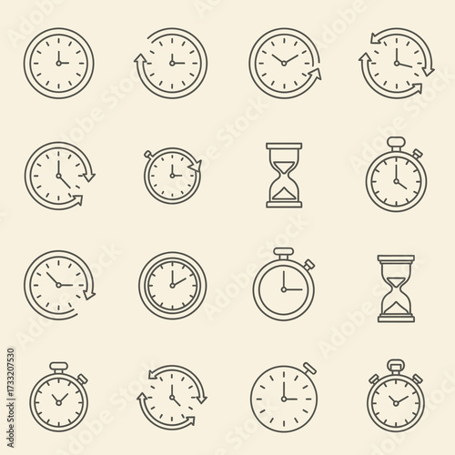 Four stylized clock icons showing reload, reset, and circular time flow, with different symbols.