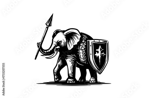 Powerful elephant warrior holding a spear and shield, a symbol of strength, protection, and defense. Detailed monochrome illustration.