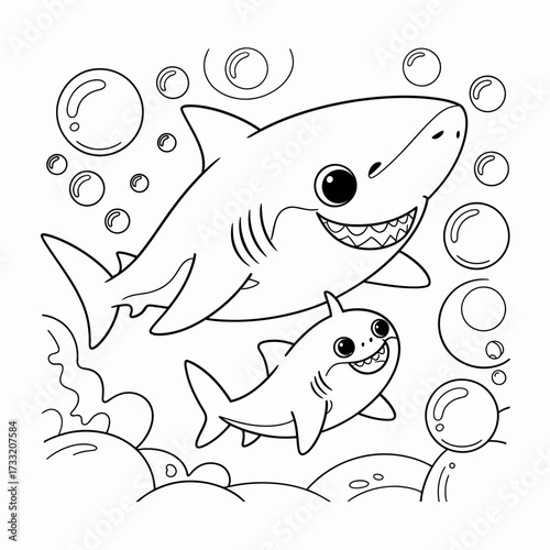 Friendly shark family coloring page, big shark and baby, underwater bubbles, ocean scene outlines, fun kids vector
