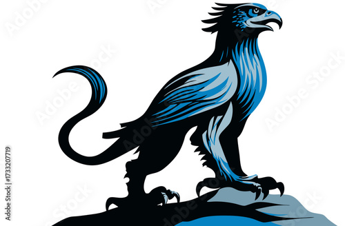 Majestic blue and black stylized griffin mythical creature standing on rocks, a powerful fantasy beast in heraldic style vector illustration.