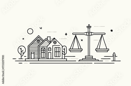 Real Estate Law and Property Rights Concept Vector Illustration with Houses and Justice Scale in Line Art Style