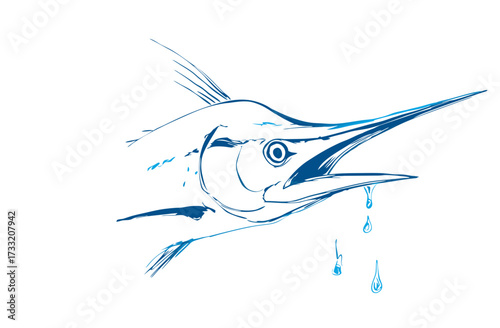 Dynamic blue line art illustration of a marlin's head with open mouth and dripping water, a minimalist oceanic big game fish drawing.