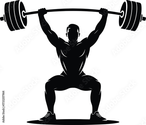Muscular man lifting heavy barbell weightlifting strength