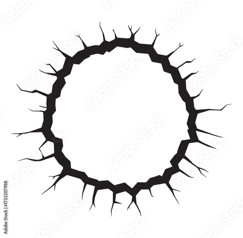 Black crack circle border design with shattered effect isolated on white background