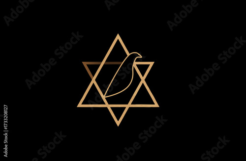 Elegant golden six-pointed star with a peaceful dove silhouette on a black background, a symbol of spirituality and hope.