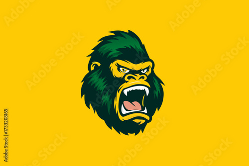 Angry gorilla head illustration roaring with green fur on a yellow background, symbolizing strength, power, and aggression.