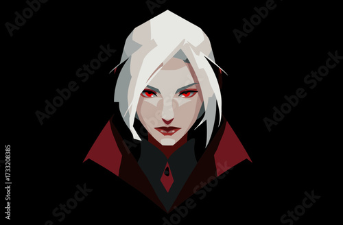 Intense digital illustration of a stylized woman with striking white hair and piercing red eyes on a dark background, mysterious female character art