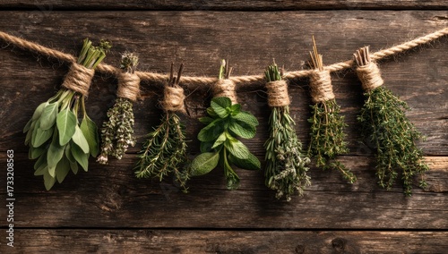 A collection of various fresh herbs, hung on a rustic rope, perfectly displayed against a weathered wooden background.