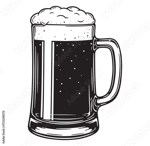 Classic hand drawn illustration of a full beer mug with foamy head and bubbles