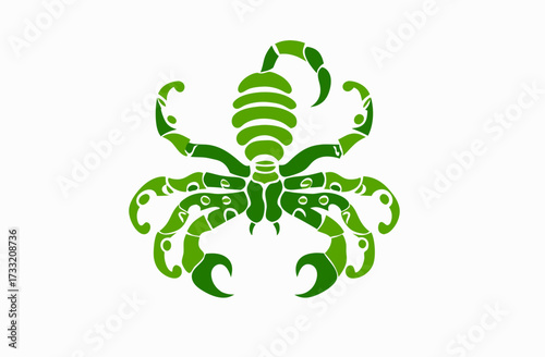 Stylized green scorpion vector illustration with tribal and ornamental patterns, dangerous exotic desert animal symbol.