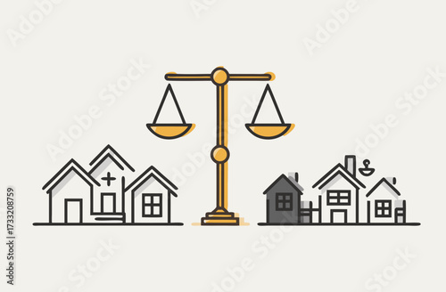Housing market balance concept with justice scale comparing residential property values, real estate equity, and community development options.