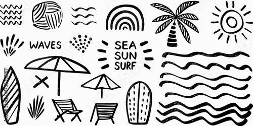 Hand drawn black and white summer beach elements collection with waves sun palm tree surfboards umbrellas and chairs