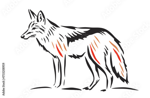 Stylized jackal or coyote illustration, black outline with subtle color accents, wild canid drawing in profile, animal art