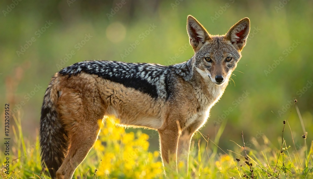 Obraz premium A golden jackal stands proudly, its fur detailed, against blurred green meadow in the sunlight