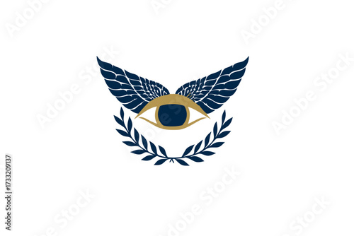 Stylized mystical eye emblem with dark blue wings and a golden laurel wreath on a white background, symbolizing vision and wisdom.