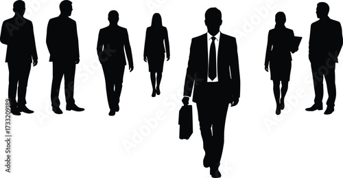 Silhouette of diverse business professionals in formal attire walking confidently, teamwork, leadership, success, office corporate lifestyle, communication, organization, cooperation