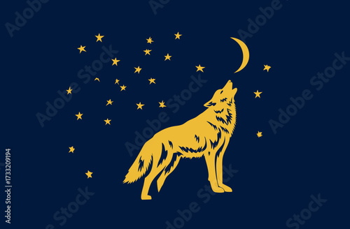 Majestic golden wolf howling at a crescent moon under a starry night sky on a dark blue background, iconic wildlife illustration.