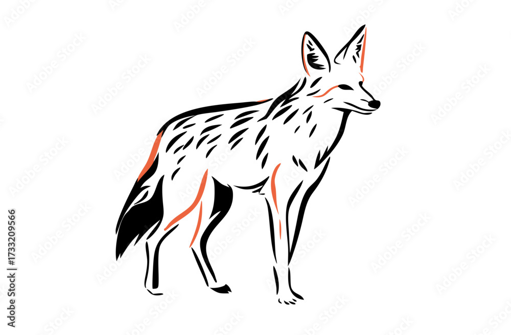 Fototapeta premium Minimalist Wild Canine Illustration. Stylized Line Art of a Standing Jackal or Fox, Abstract Black and White Vector with Red Accents.