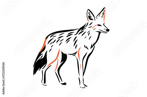 Minimalist Wild Canine Illustration. Stylized Line Art of a Standing Jackal or Fox, Abstract Black and White Vector with Red Accents.