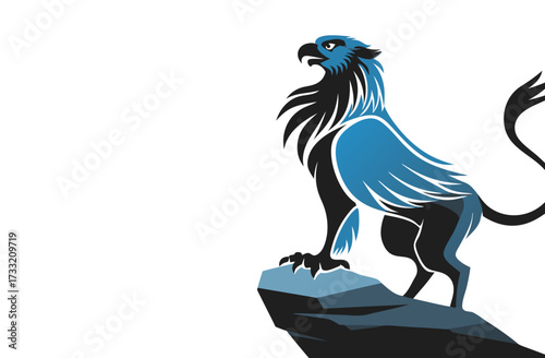 Majestic blue and black griffin mythical creature illustration standing on a rock, symbolizing power and strength in fantasy art