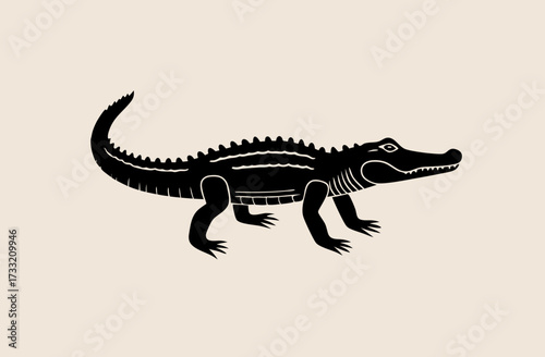 Fierce black alligator or crocodile silhouette vector illustration. Wild predatory reptile graphic design element on a neutral background.