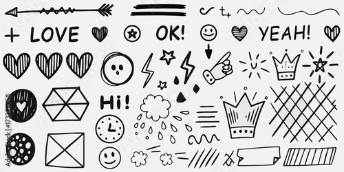 Collection of hand drawn black and white doodle elements including hearts arrows stars crowns and text for creative design