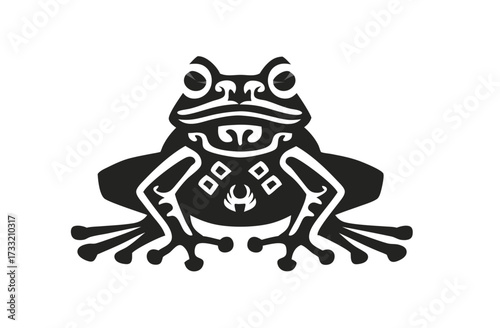 Stylized black and white frog illustration with decorative patterns. Detailed amphibian graphic design in traditional woodcut style.