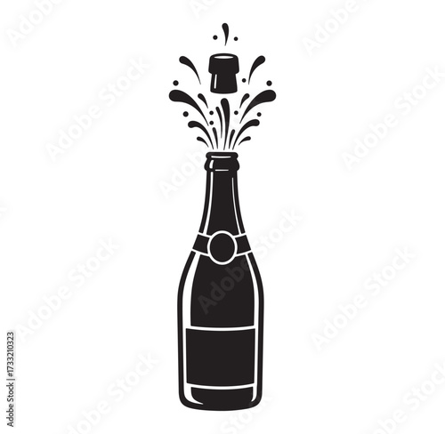 Elegant black and white champagne bottle opening with cork and spray celebration concept