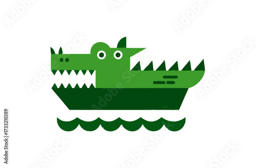 Cute green cartoon alligator swimming on water, adorable reptile character illustration, simple geometric animal design for kids.