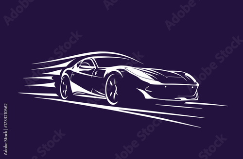 Sleek, fast sports car vector illustration in motion with speed lines on dark purple background. Dynamic auto racing concept.