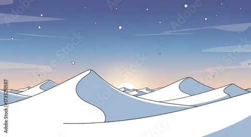 Snowy desert landscape with sunrise and stars.