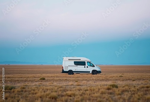 A lone campervan parked amidst a vast, empty landscape,  vehicle,  remote