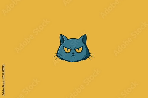 Cute but grumpy blue cartoon cat face illustration on a solid yellow background, portraying an angry pet