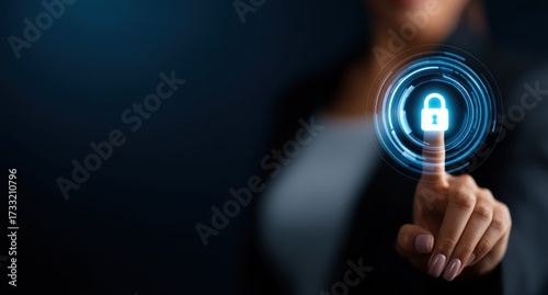 A hand touches a glowing, light-blue lock icon on a dark digital interface, highlighting advanced security measures.