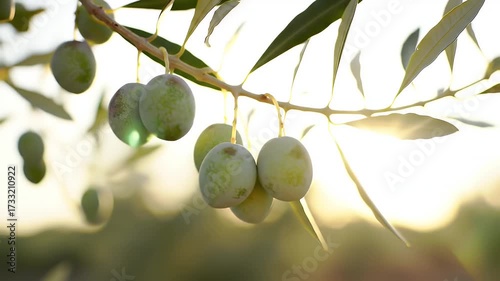 Ripe Green Olives Hanging on a Branch with Soft Sunlight
