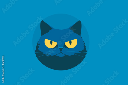 Mysterious dark blue cat face illustration with intense yellow eyes and a serious expression, isolated on a teal background.
